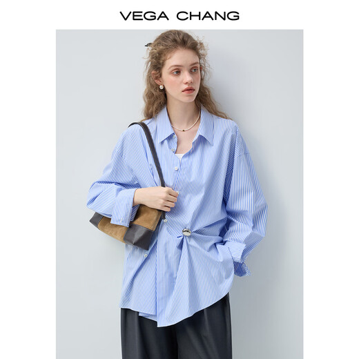 VEGA CHANG Pure white loose-cut Tencel striped shirt for women 2026 new spring design loose shirt French white S