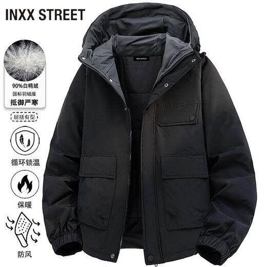 英克斯（inxx）INXX STREET美式连帽工装羽绒服男2025冬季加厚保暖情侣鸭绒外套 黑色 3XL
