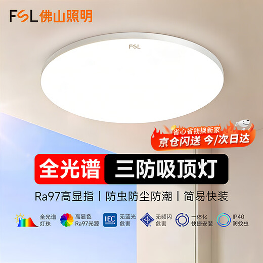 FSL Foshan Lighting Full Spectrum Three-Proof Ceiling Lamp Bedroom Balcony Lamp IP40 Moisture-proof Dust-proof Mosquito-proof Simple Ultra-thin 12W White Light (6000K) Size 220*58mm