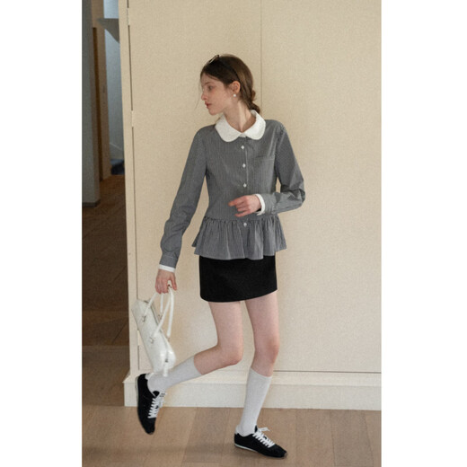 EGGKA doll collar ruffle design black plaid shirt women's French sweet top E25A60427YL black plaid S