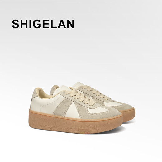 Shilan 2026 new thick-soled height-increasing sneakers, genuine leather stitching, lace-up, versatile casual shoes, fashionable and comfortable women's shoes, off-white 34