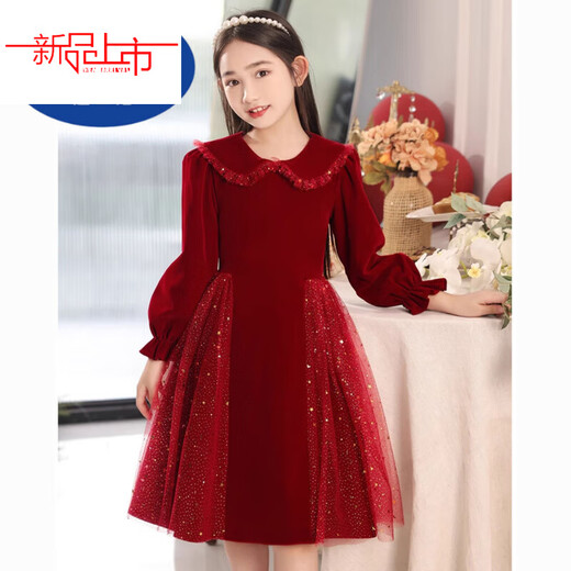 Disney Girls Dress Velvet Children's Skirt Red Princess Dress Host Performance Clothes Autumn and Winter Long Sleeve Plus Velvet Red Regular 140
