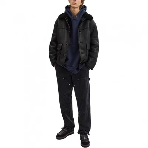 COACH solid color single-breasted lapel long-sleeved leather jacket for men black black M