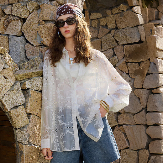 Chuyu Lyocell heavy industry embroidered white shirt for women 2026 spring new loose mid-length hollow cardigan top off-white S