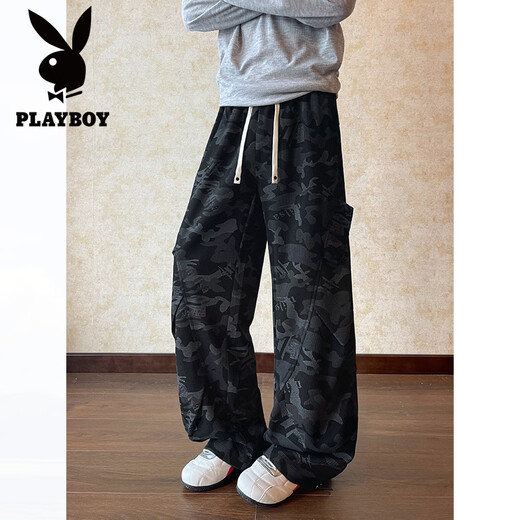 Playboy (PLAYBOY) American high street pleated casual pants for men in spring, plus size, trendy fat people, loose drawstring straight wide leg camouflage pants, gray M