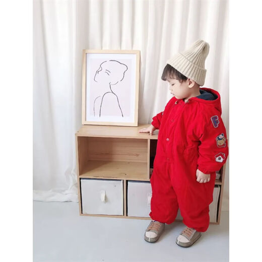 Ultraman children's red one-piece baby winter clothing for men and women, thickened hooded embroidered climbing clothing, cotton clothing, ski clothing, Mi 73, one size fits all, navy blue