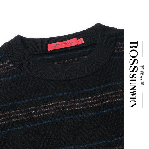Bosssunwen 100% sheep wool recommended for spring business casual skin-friendly soft contrast striped round neck men's wool sweater black M