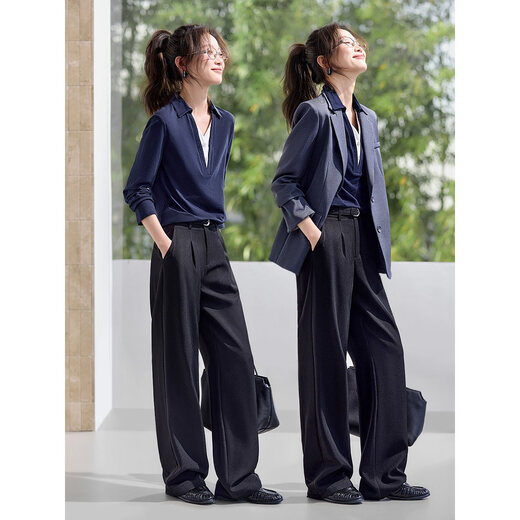 Mohan Yimei Top 2026 Spring New POLO Fake Two-Piece Contrast Color V-Neck Slim Versatile Slim Long-Sleeved Shirt Navy S