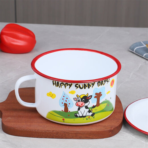 Tuojin German imported quality thickened enamel fast food cup with lid instant noodle bowl student dormitory large bowl cartoon lunch box food white 15CM_thick red edge meal cup (customizable LOGO)