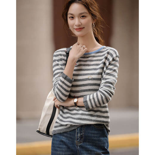 Demana sheep wool spring intellectual college striped beaded embroidered sweater off-shoulder petite women's sweater