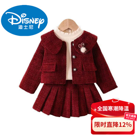 Disney girls autumn and winter plus velvet red New Year's greetings dress small fragrance suit girl princess style one-year-old dress short skirt two-piece set red suit plus velvet 110 cm