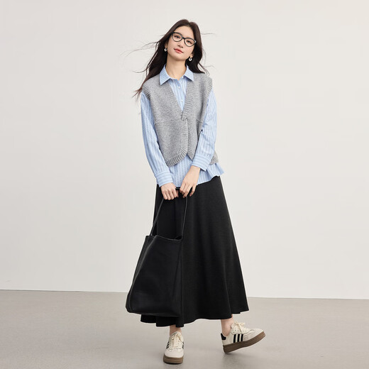 Sllsky Elegant and Decent Three-piece Set 2026 Spring Knitted Vest Striped Shirt Skirt Set Elegant Gray Vest L