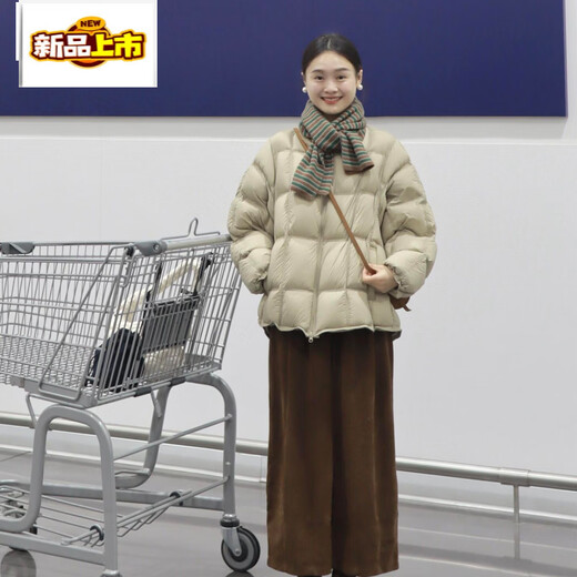 Initial diameter high down filling winter white duck down warm small square bread round neck down jacket for women khaki fabric upgraded version 90 white duck down S