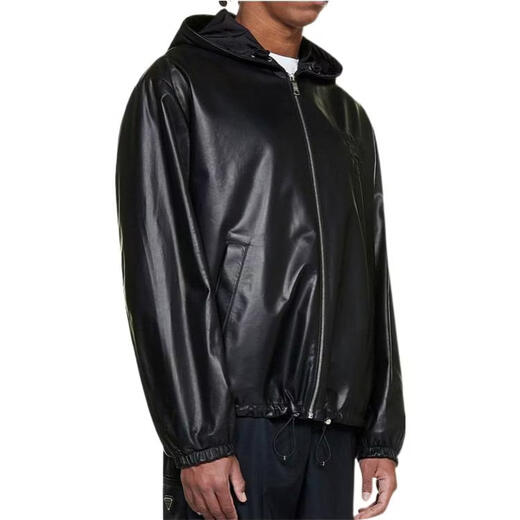 Prada New Year's gift SS22 solid color zipper hooded leather jacket men's black one size 50