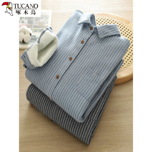Woodpecker velvet thickened striped shirt for women 2025 autumn and winter new loose and versatile simple all-in-one velvet warm shirt blue striped plus velvet winter plus velvet S 80-110Jin Jin equals 0.5 kg