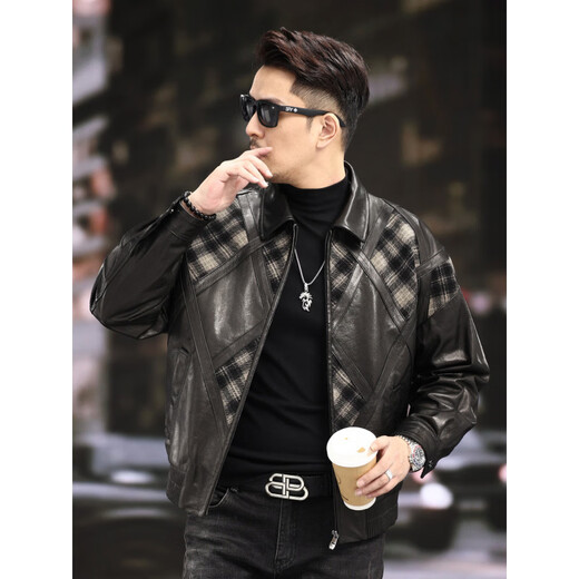 Xiaohongshu’s popular ZIXI vintage leather jacket for men with genuine leather goatskin spliced woolen lapels, removable thickened liner, black single lining M 16545-55kg
