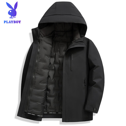 花花公子（PLAYBOY）三合一鹅绒服男士保暖中长款外套脱卸内胆中老年爸爸休闲羽绒服男 MSN9606黑色【可脱卸内胆】 M 170(推荐120斤以内穿)