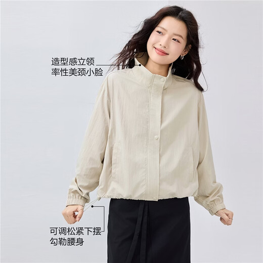 Giordano coat for women small new style sweet cool loose stand collar jacket short skin windbreaker women 13375104 91 light khaki M