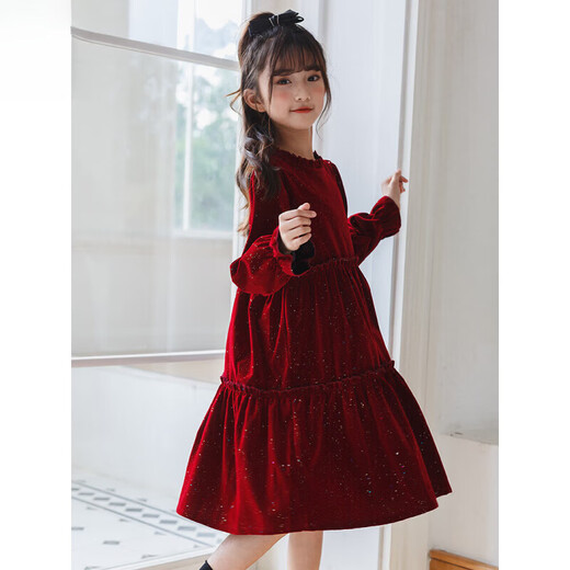 HAL.DUCK girls' dress, autumn and winter new style, shiny gold dress, children's velvet skirt, New Year's dress, girl's princess dress, red glitter gold velvet style, one-piece velvet lining 130