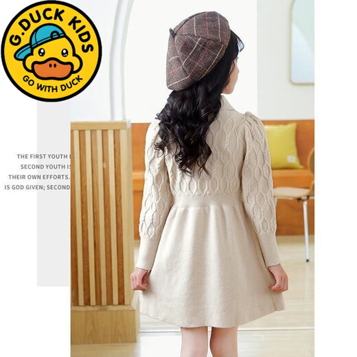G.duck Little Yellow Duck Girls Dress Autumn and Winter Korean Style Children's Knitted New Year's Long Sleeve Sweater Skirt Children's Clothing Apricot 130 Recommended 120-130cm7-8 years old