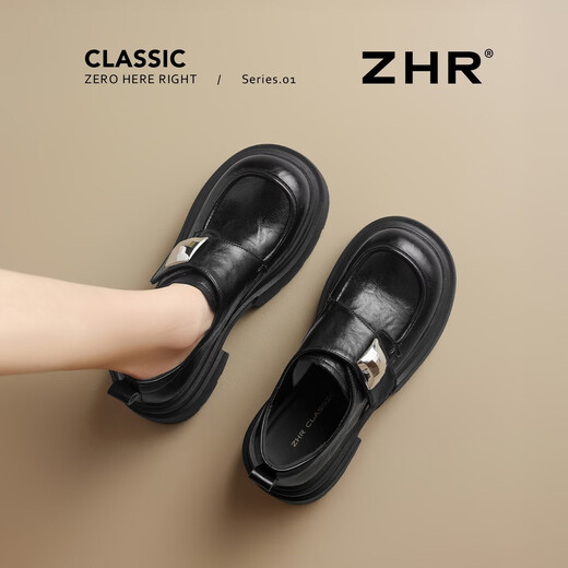 ZHR is high-heeled loafers for women, college-style thick-soled single shoes, new Velcro slip-on leather shoes KN286 black 37