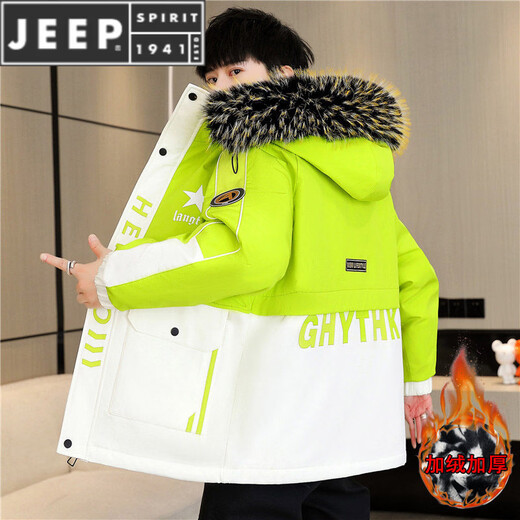 JEEP SPIRIT autumn and winter velvet thickened work jacket men's hooded mid-length windbreaker warm parka cotton jacket 23A18 coffee color M