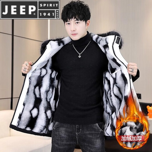 JEEP SPIRIT velvet thickened men's jacket mid-length trendy overcoat cotton winter men's jacket 2025 new windbreaker BDQ black rice XL