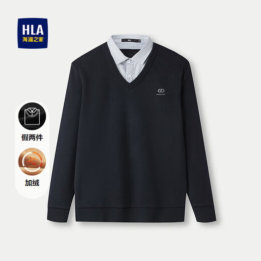HLA Heilan long-sleeved sweater for men plus velvet warm fake two-piece sweater for men in winter