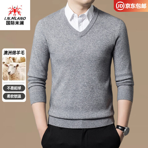 International Milan Ordos city-produced 100% woolen sweater men's sweater chicken heart V-neck thickened pullover sweater sheep. Cashmere sweater V-neck light gray high-end special grade non-pilling 2025 autumn and winter new style XL 175 (recommended weight 140-160Jin Jin is equal to 0.5 kg)
