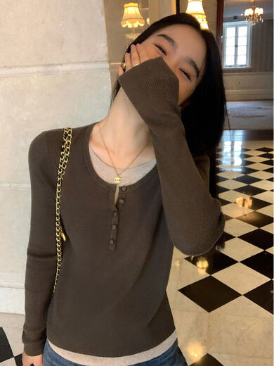 Pusumede fake two piece knitted sweater bottoming shirt for women spring and autumn design loose casual versatile single wear top coffee color ready stock S S