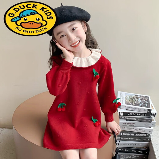 G.duck Girls Sweater Dress 2025 Autumn and Winter New Children's Doll Collar Knitted Dress Baby Fashionable Princess Skirt Red Sweet Cherry Sweater Dress 110 Tag Suitable for 100cm