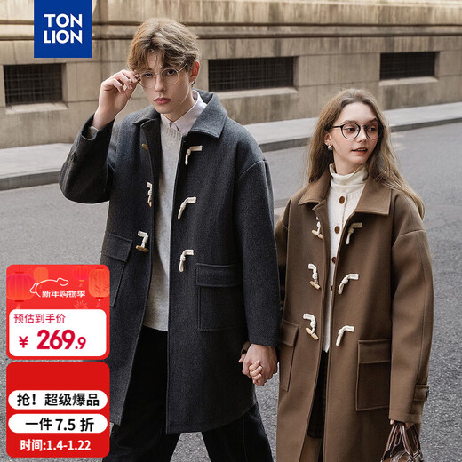 TonLion 2025 winter couple's same size lapel mid-length woolen coat