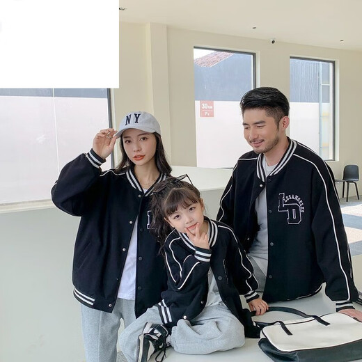 Disney (Disney) Korean version of baseball uniform parent-child clothing for a family of three in autumn and winter burgundy thickened jacket black college style family clothing wide/loose version burgundy baseball uniform 120