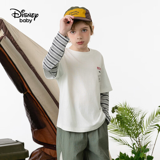 Disney (Disney) children's clothing boys fake two-piece striped long-sleeved T-shirt 2026 spring and autumn new children's round neck fashionable bottoming top trendy white trendy fake two-piece T-shirt 160