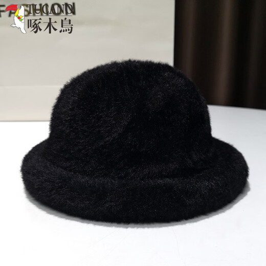 Woodpecker (TUCANO) plush French hat for women with velvet, warm Helburn scenery, foldable hat, winter women's short brim warm basin hat, black, one size fits all (recommended head circumference 54-58CM)
