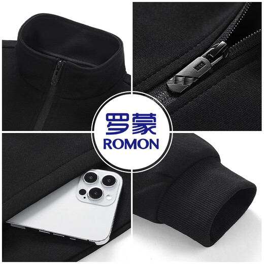 ROMON pure cotton cardigan sweatshirt suit men's spring loose stand-up collar windproof jacket casual sports long pants black XL