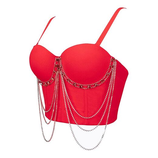 Lu Qiuguo sexy suspender chain rhinestone bra integrated outer wear suspender new high-end top for women black M 38C/