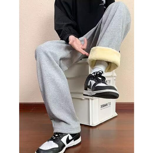 Cotton sherpa plus velvet thickened warm straight casual pants men's winter wide-leg casual cotton pants sports pants D600 black sherpa high quality XL 115-130Jin Jin equals 0.5 kg