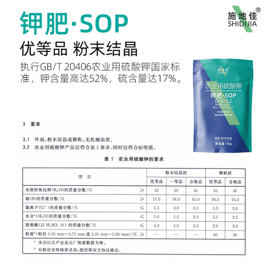 Shidijia Potassium Fertilizer Foliar Fertilizer Agricultural Potassium Sulfate Expanding Coloring Sweetening Vegetables Fully Water-soluble Large Element Water-soluble Fertilizer Potassium Fertilizer 1kg*15 Bags 1 Box