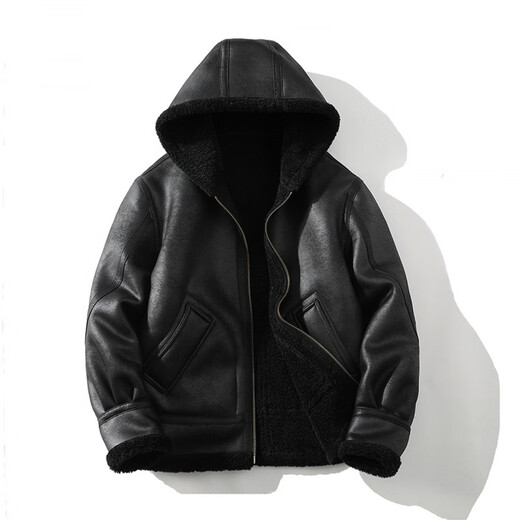GENIUS international first-line brand fur integrated men's winter hooded velvet thickened leather jacket short motorcycle jacket leather jacket for men black M 90-115Jin Jin is equal to 0.5 kg
