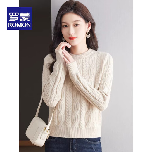 ROMON short sweater for women in autumn and winter high-waisted twist top round neck long-sleeved wool sweater fashionable knitted bottoming sweater 100% pure wool-rose purple-Puyuan wool sweater S