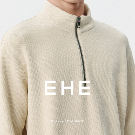 EHE men's air layer pleated three-dimensional texture stand collar zipper drop shoulder fitted sweatshirt men's 2026 spring new style beige, M