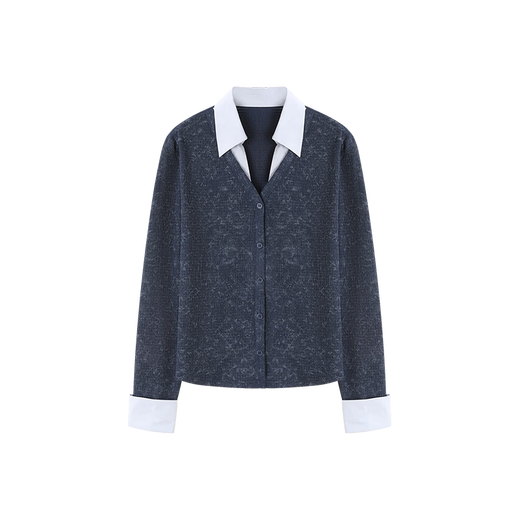 Mohan Yimei Temperament Fashion Top 2026 Spring New V-neck Fake Two-Piece Contrast Color Splicing Slim-fitting Shirt Midnight Blue L