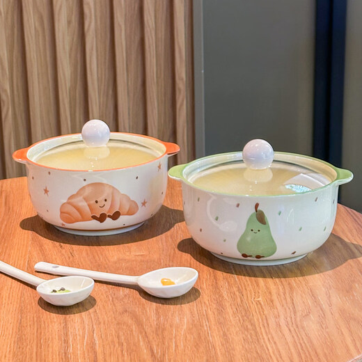 Shijanu new product ins high-looking Internet celebrity fruit croissant ceramic instant noodle bowl with lid double-ear soup bowl student dormitory 6.5-inch instant noodle bowl-brown croissant (without lid)