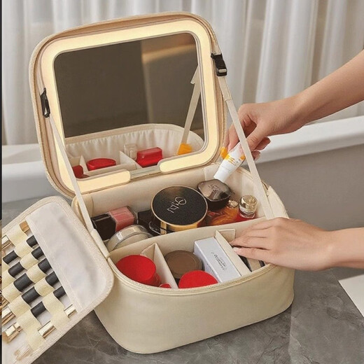 Maisute cosmetic bag for women LED with mirror multi-functional dry and wet separation toiletry bag storage travel portable portable large capacity off-white full screen large mirror