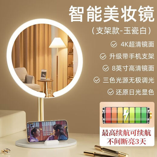 LED makeup mirror with light desktop women's fill light mirror dormitory desktop eyebrow pencil storage bucket home extra large dressing mirror white-three-color fill light alloy rotating stand mobile phone holder battery life standby 0 days - no LED light with high-definition alloy mirror