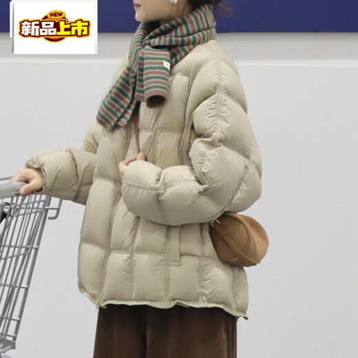 Initial diameter high down filling winter white duck down warm small square bread round neck down jacket for women khaki fabric upgraded version 90 white duck down S