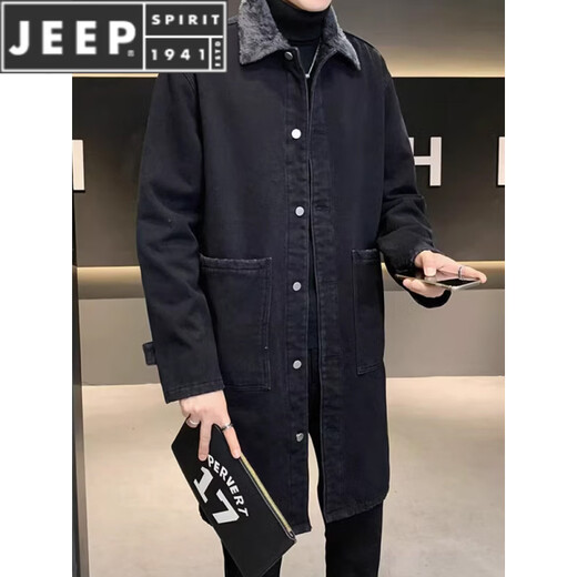 JEEP SPIRIT风衣男中长款冬季加厚加绒潮流宽松大码羊羔毛翻领牛仔大衣外套男 黑色 M