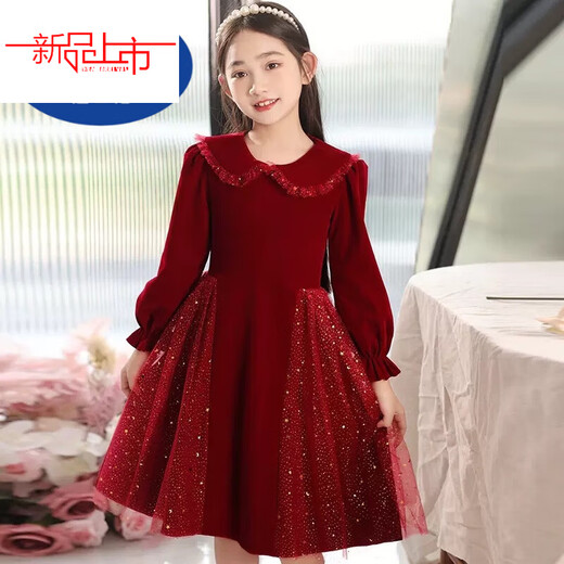 Disney Girls Dress Velvet Children's Skirt Red Princess Dress Host Performance Clothes Autumn and Winter Long Sleeve Plus Velvet Red Regular 140