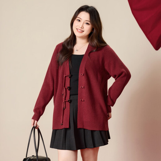 MsShe 18 Count Arctic Velvet Large Size Women's Clothing 2025 Winter New Chinese Style Plate Button V-neck New Year Sweater Jacket Persian Red Ready in Stock 3XL